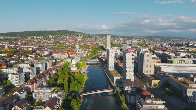 High Altitude Aerial Drone View Over Zurich West with Swissmill Grain Tower and Limmat River, Switzerland