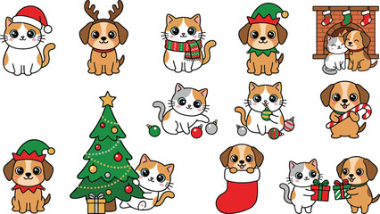Fototapeta premium Cute Christmas Cat and Dog Vector Set with Santa Hat, Reindeer Antlers, Elf Costume, Tree, Gifts, and Stocking for Holiday Designs