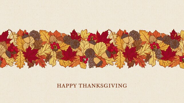 Rustic Happy Thanksgiving Card Featuring Hand Drawn Autumn Foliage Border with Acorns Pinecones and Berries on Textured Vintage Paper Background