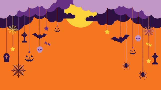 A festive halloween background vector illustration featuring hanging spooky decorations like bats pumpkins and gravestones against a vibrant orange sunset sky