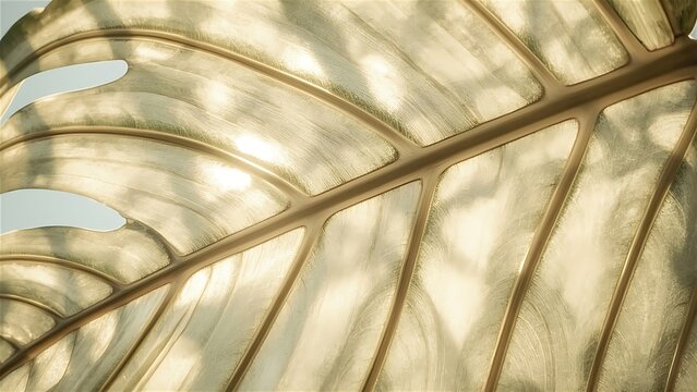  Backlit skeleton of a large Monstera leaf with intricate venation in sharp focus and soft beige tones
