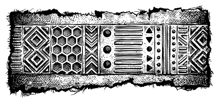 Ethnic geometric border with tribal patterns on torn parchment in vintage engraving style