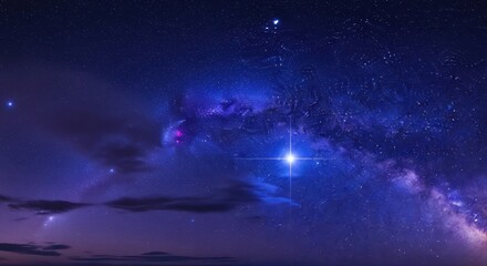 Naklejka premium Stunning Night Sky with Milky Way Galaxy and Bright Shining Star over Dark Horizon