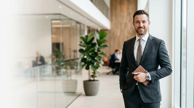 Professional Portrait of a Confident Businessman Holding a Notebook in a Bright Modern Office Environment
