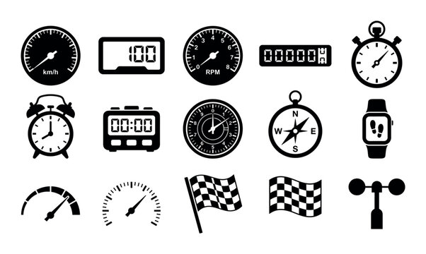 Speed and time vector icons with speedometer, stopwatch and racing flag for mobile app design in solid glyph style