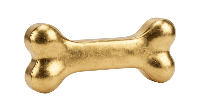 Shiny gold dog toy bone shaped object crafted from polished metal material isolated on transparent surface.