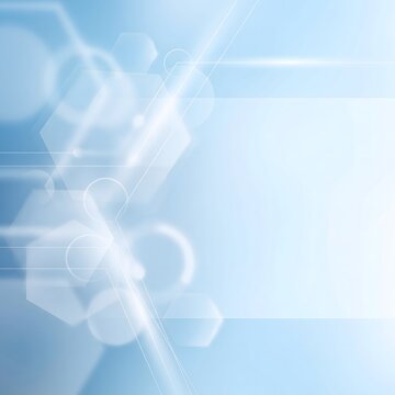 Abstract technology background with hexagons and blurred light effects in blue and white tones.