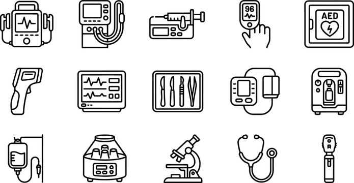 Medical Equipment Line Art Icons On White Background aed anesthesia
