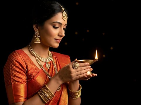 Indian woman in traditional saree holding a lit diya lamp for diwali celebration