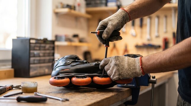 Hands repairing inline rollerblade on workbench