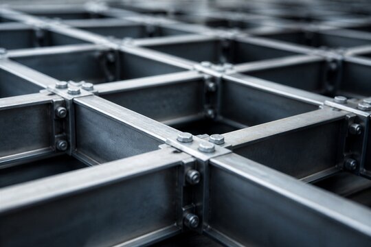 Metal grid frame with bolted connections in close view