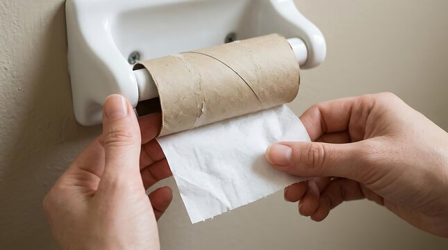 Close up of hands reaching for the very last sheet of an empty toilet paper roll, showing the common frustration of an empty toilet paper roll and the need for an empty toilet paper roll replacement.