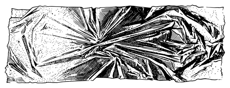 Crumpled plastic wrap texture with sharp folds and highlights in vintage engraving style
