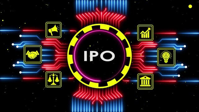 Initial public offering concept with glowing neon digital circular frame motion video.