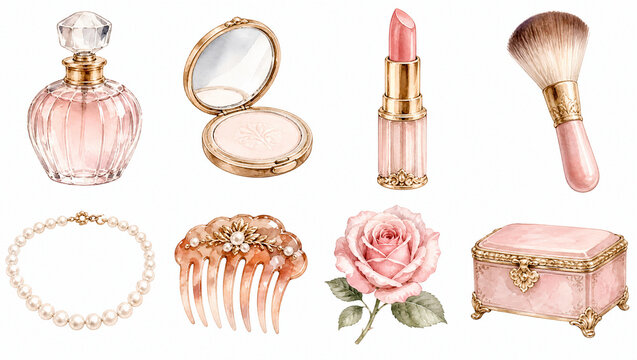 Watercolor vintage beauty clipart set with perfume, lipstick, pearls, and jewelry box. Illustration isolated on white background for boutique design