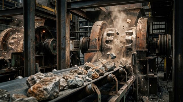 Industrial crushing machine breaking large stones into smaller rocks inside a heavy manufacturing facility with conveyor belt and metal framework