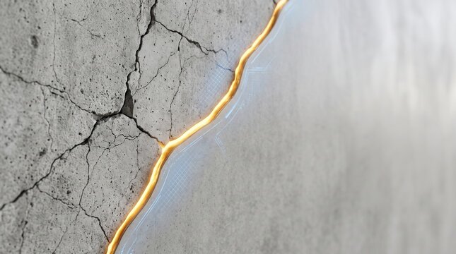 Cracked concrete wall repaired with glowing golden liquid line and futuristic digital interface grid