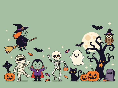A festive halloween background vector illustration featuring cute cartoon characters like a witch mummy vampire skeleton ghost and spooky pumpkins