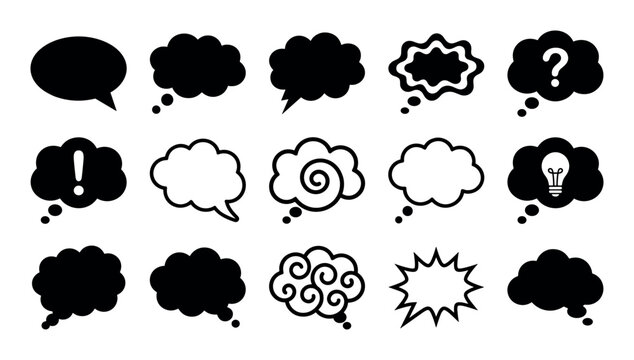 Communication and creativity concept icons with speech bubble, thought cloud and idea bulb for presentation design in minimal glyph style