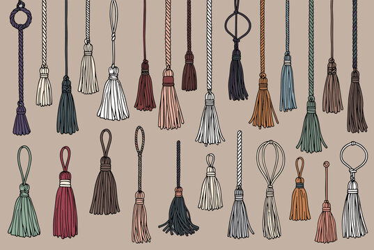 Wide variety of hand drawn decorative tassels in different colors and styles hanging against a neutral background.