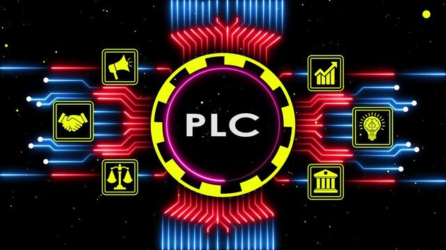Digital technology concept with plc letters and animated interface elements in motion.