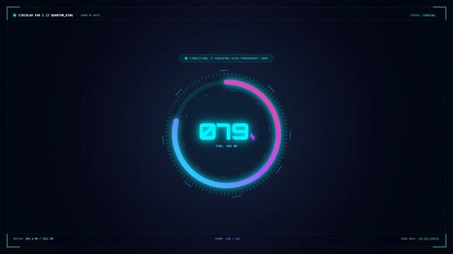A futuristic digital loading screen features a circular progress bar that glows in cyan and magenta. The central numerical counter steadily increases from 013% to 100% completion.