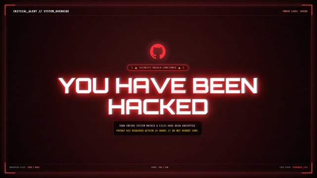 A glowing red 'YOU HAVE BEEN HACKED' message pulses on a dark digital interface. Alert messages signal a critical system override and severe cyber threat across multiple flickering screens.