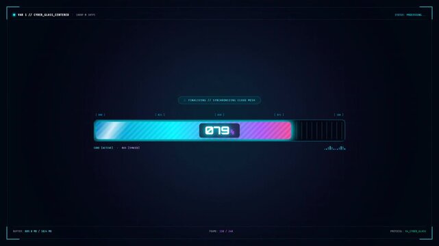 A futuristic HUD loading bar fills steadily from 13 to 100 percent. The sleek, neon-lit interface pulses with cyan and magenta hues before turning green upon successful completion.