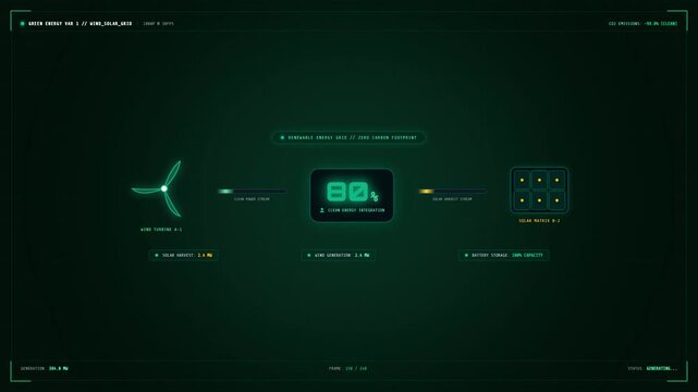 This futuristic interface tracks renewable energy production, showing a spinning wind turbine and a charging status reaching 100% on a sleek green data dashboard.