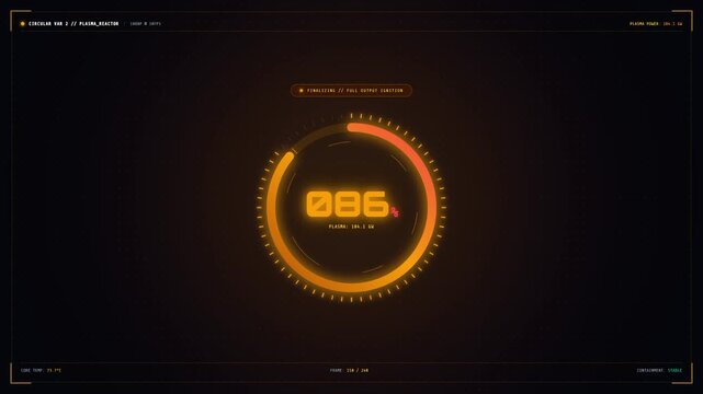 A digital loading screen features an orange circular progress bar and counter that fills up to 100 percent, shifting to a teal green color upon completion on a dark HUD interface.