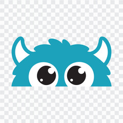Cute blue monster peeking face icon with big glossy eyes, curved horns, furry shape, and flat vector style, ideal for kids posters, nursery decor, stickers, invitations, and playful branding. © VectorBloomX