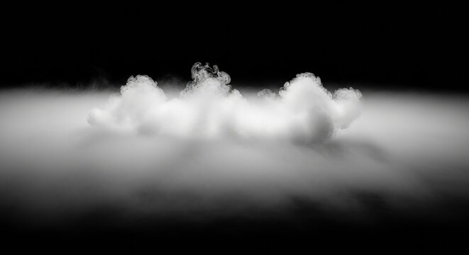 Cinematic low angle shot of dense white fog rolling across a pitch black floor with soft diffused lighting