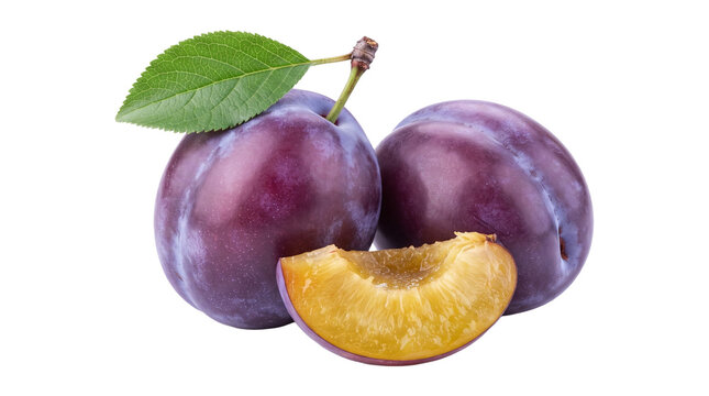 Two ripe purple plums with green leaf and one juicy fruit slice isolated on transparent background png cut.