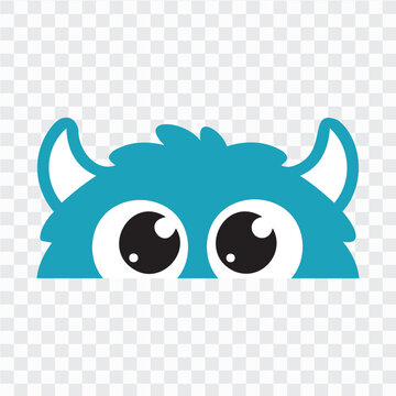 Cute blue monster peeking face icon with big glossy eyes, curved horns, furry shape, and flat vector style, ideal for kids posters, nursery decor, stickers, invitations, and playful branding.
