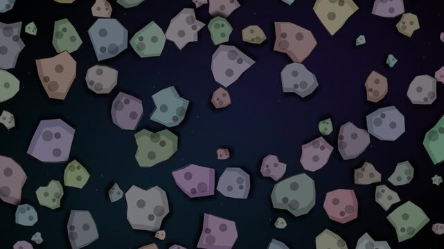 Asteroid Belt: Colorful, stylized 3D space rocks and meteors floating through a dark cosmic background