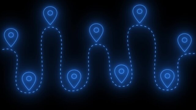 Neon GPS Route Animation with Location Pins, Glowing Navigation Path on Dark Background. 4k video