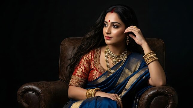 Elegant indian woman in traditional blue saree and gold jewelry