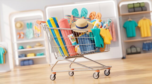 Shopping Cart for Summer Vacation: A metal shopping cart filled with vibrant beach essentials like towels, hats, and sandals, staged in a bright retail clothing store.