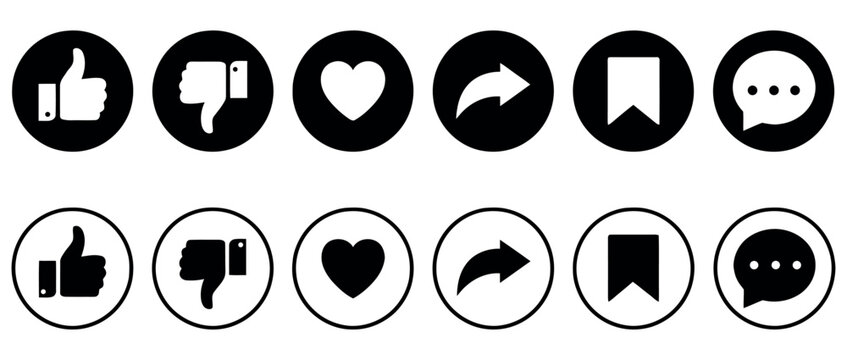 Set of social media interaction icons featuring thumbs up, heart, share, bookmark and comment.