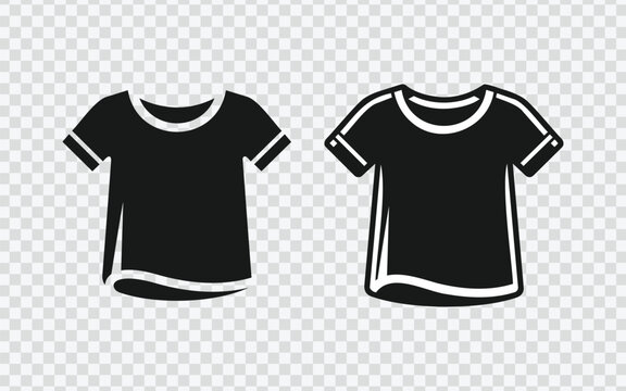 Set of two black t shirt icons with white outline details in a clean flat vector style, ideal for apparel branding, clothing labels, fashion shop graphics, stickers, and retail design projects.
