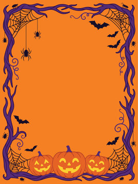A festive halloween background vector illustration featuring a spooky tree branch frame with pumpkins bats and spider webs on orange backdrop