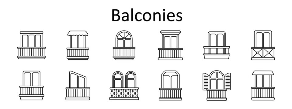 Balconies set icon. Classical facade, canopy terrace, arched opening, columned structure, framed railing, crossbar design, residential exterior, angular platform, twin window, decorative balustrade