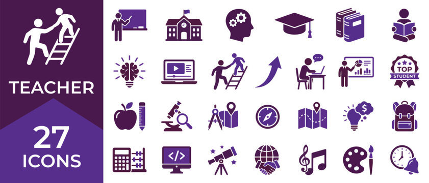 Teacher and School Education Icons Set for Academic Learning Career Mentoring and Online E-Learning Infographic Elements Vector Illustration.