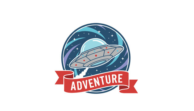 Circular retro adventure badge showing a ufo spaceship flying through outer space on circular cosmic backdrop.