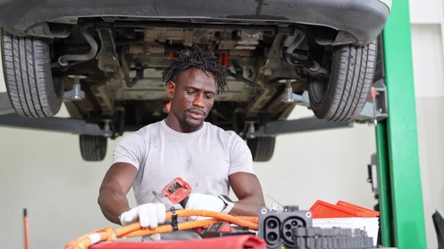 Experienced technician conducting vehicle maintenance in a professional automotive workshop