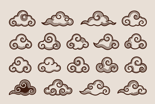 Set of decorative oriental cloud motifs in a traditional japanese or chinese style with swirling line details.