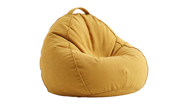Yellow fabric bean bag chair with carry handle furniture isolated on transparent background png image.