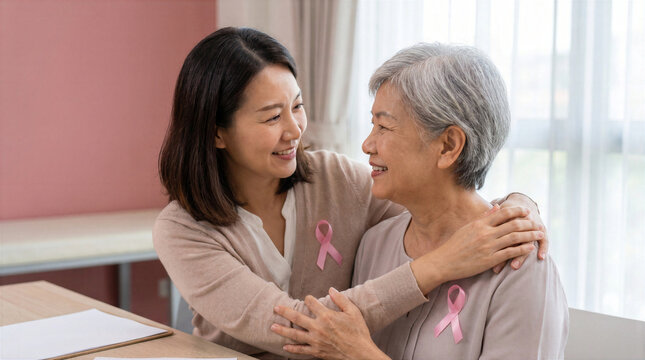 Asian daughter comforting her senior mother while both wear pink ribbons. Family care and breast cancer support concept.