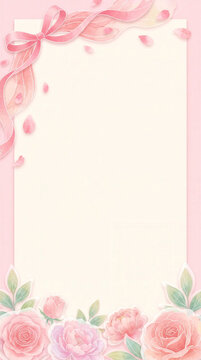 Delicate pink watercolor floral frame with ribbon bow and large copy space. Breast Cancer Awareness Month invitation, poster and greeting background.