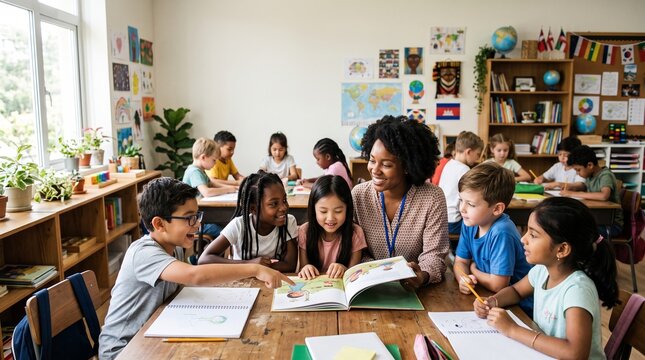 Classroom Engagement: A dedicated teacher guides a small group of diverse elementary school students in a lively classroom reading session, fostering a love for learning and intellectual curiosity.